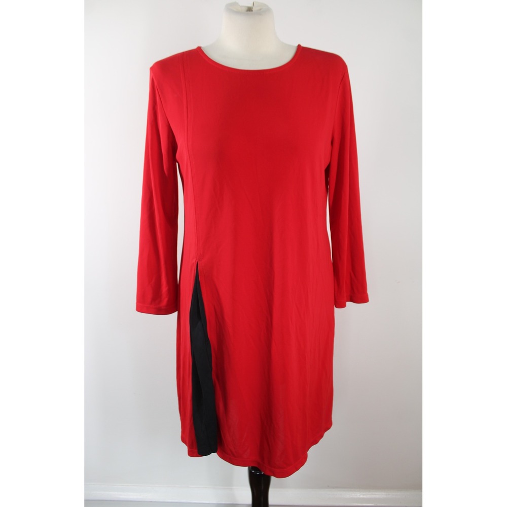 Joan Vass Size M Red Knit Long Sleeve Side Slit Contrast Tunic Top Mini Dress